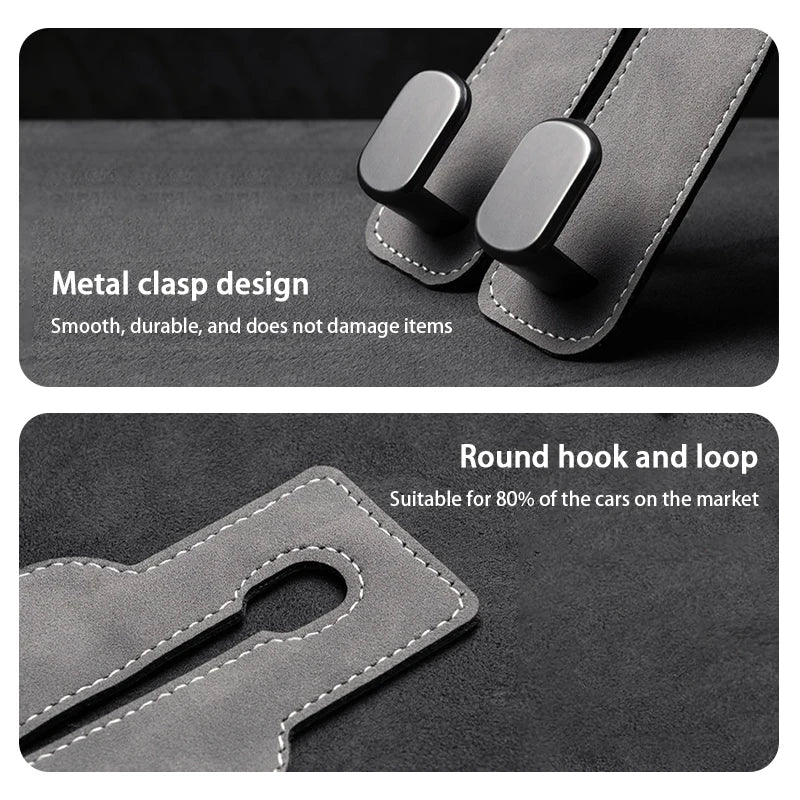 Black Car Headrest Dual Hook with Metal Clasp Design and Round Hook and Loop